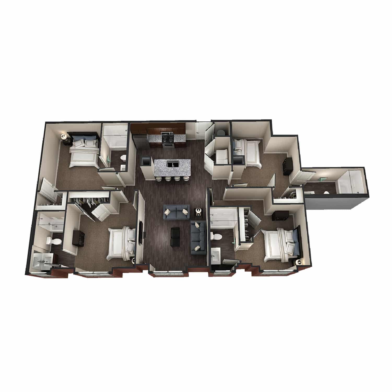 A 3D image of the 4BR/4BA – Winchester One floorplan, a 1392 squarefoot, 4 bed / 4 bath unit